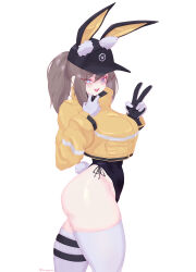 Rule 34 | 1girl, absurdres, animal ears, baseball cap, black gloves, black leotard, blue eyes, blush, brown hair, commentary, cowboy shot, cropped jacket, dark skin, dima (girls&#039; frontline), english commentary, fake animal ears, fake tail, from side, girls&#039; frontline, gloves, hat, hat with ears, highleg, highleg leotard, highres, jacket, leotard, long hair, looking at viewer, open mouth, playboy bunny, ponytail, rabbit ears, rabbit tail, shinyozura, sidelocks, simple background, smile, solo, tail, thigh strap, thighhighs, twitter username, two-tone gloves, upper body, v, white background, white gloves, white thighhighs, yellow jacket