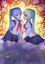 Rule 34 | 2girls, alternate costume, aqua hair, arm at side, arm support, backlighting, bad id, bad pixiv id, barefoot, black skirt, blouse, blue eyes, blue hair, blush, breasts, dual persona, eye contact, eyebrows, eyelashes, female focus, flower, green eyes, green hair, hair ornament, hand on another&#039;s chin, hatsune miku, highres, kerchief, large breasts, lens flare, lily pad, long hair, looking at another, midriff, midriff peek, multiple girls, parted lips, pleated skirt, profile, school uniform, selfcest, serafuku, shirt, short sleeves, sitting, skirt, soaking feet, stained glass, twintails, very long hair, vocaloid, water, white shirt, xiaosan ye, yuri
