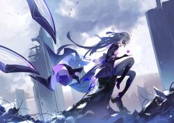 Rule 34 | 1girl, ahoge, boots, cape, closed mouth, cloud, elbow gloves, fingerless gloves, gloves, grey hair, high heel boots, high heels, highres, light particles, long hair, loud, magic, mask, minus (synthesizer v), outdoors, profile, purple cape, purple shirt, purple theme, ruins, shirt, solo, synthesizer v, wind, zirancike