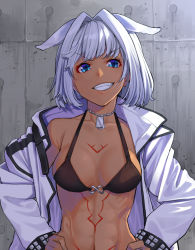Rule 34 | 1girl, abs, animal ears, bare shoulders, bikini, black bikini, blue eyes, body markings, breasts, caenis (fate), cleavage, collarbone, dark-skinned female, dark skin, dog tags, fate/grand order, fate (series), grin, hair intakes, highres, jacket, large breasts, long sleeves, looking at viewer, mikan (chipstar182), open clothes, open jacket, smile, solo, studded jacket, swimsuit, tattoo, white hair, white jacket