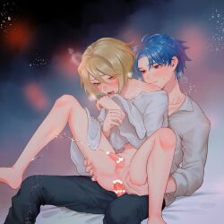 2boys alain_(unicorn_overlord) anal auch_(unicorn_overlord) bare_shoulders blonde_hair blue_eyes blue_hair blush bottomless censored collared_shirt commentary_request curtained_hair erection eyelashes full-face_blush hair_between_eyes heart heart_censor highres knees_up legs_apart long_sleeves looking_at_viewer male_focus male_penetrated multiple_boys open_mouth pants peeing penis red_eyes saliva sex sex_from_behind shiny_skin shirt short_hair simple_background sitting smile steam sweat trap unicorn_overlord yaoi yatyou6666