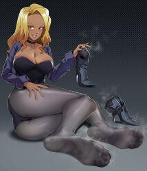 Rule 34 | 1girl, absurdres, ass, black canary, blonde hair, blue eyes, boots, unworn boots, breasts, cleavage, dark skin, dc comics, feet, grin, hand on own thigh, highres, jacket, large breasts, leotard, long hair, looking at viewer, pantyhose, shoes, unworn shoes, smile, soles, steam, toes, tsa