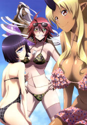 Rule 34 | 10s, 4girls, absurdly long hair, absurdres, ahoge, ass, back, bikini, black sclera, blonde hair, blue eyes, blush, bra, breasts, butt crack, camouflage, camouflage bikini, casual one-piece swimsuit, cleavage, colored sclera, cyclops, dark-skinned female, dark skin, dog tags, doppel (monster musume), doppelganger, eyewear on head, green eyes, grin, hair between eyes, hair censor, hair over one eye, hand on own hip, heterochromia, highres, horns, huge breasts, innertube, jewelry, large breasts, long hair, looking at viewer, manako, monster girl, monster musume no iru nichijou, multiple girls, navel, necklace, nude, nyantype, official art, ogre, one-eyed, one-piece swimsuit, panties, prehensile hair, purple hair, red eyes, red hair, scar, short hair, single horn, sky, small breasts, smile, stitches, summer, sunglasses, swim ring, swimsuit, tears, tionishia, underwear, very long hair, white hair, yellow eyes, zombie, zombina (monster musume)