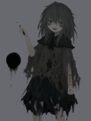 Rule 34 | 1girl, bags under eyes, capelet, cowboy shot, eyeball, frilled capelet, frills, green capelet, grey background, grey eyes, grey hair, grey shirt, grey theme, highres, holding, holding knife, knife, komeiji koishi, looking at viewer, medium hair, messy hair, no headwear, open mouth, reverinth, self-harm, shirt, simple background, skirt, smile, solo, standing, third eye, torn clothes, torn shirt, torn skirt, touhou, wrist cutting