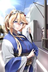 Rule 34 | 2girls, blonde hair, blue eyes, blue sky, breasts, cloud, dated, day, fur-trimmed kimono, fur trim, furisode, haruna (kancolle), headgear, hiding, highres, iowa (kancolle), japanese clothes, kantai collection, kimono, large breasts, lips, looking at viewer, multiple girls, outdoors, peeking out, pole, ponytail, power lines, rinwest, road, signature, sky, star-shaped pupils, star (symbol), symbol-shaped pupils, upper body