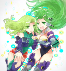 Rule 34 | 2girls, :d, :o, android, aschen brodel, bad id, bad pixiv id, bare shoulders, boots, breasts, cleavage, collar, fingerless gloves, gloves, green eyes, green gloves, green hair, hand on another&#039;s shoulder, headgear, jacket, lamia loveless, large breasts, leotard, long hair, long sleeves, looking at viewer, miduki66, multiple girls, nunuko (mu661129), open hand, open mouth, puffy long sleeves, puffy sleeves, sleeveless, smile, super robot wars, super robot wars og moon dwellers, super robot wars og saga mugen no frontier, super robot wars original generation, thigh boots, thighhighs, white background