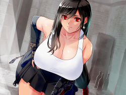 Rule 34 | 1girl, arm guards, bent over, black hair, black skirt, black thighhighs, breasts, cleavage, crop top, earrings, elbow gloves, final fantasy, final fantasy vii, final fantasy vii remake, fingerless gloves, gloves, hand on own hip, huge breasts, jewelry, large breasts, leaning forward, long hair, looking at viewer, low-tied long hair, pleated skirt, red eyes, skirt, smile, solo, square enix, switch01, tank top, thighhighs, tifa lockhart