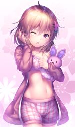 Rule 34 | 1girl, ;o, bad id, bad pixiv id, blush, bra, breasts, chestnut mouth, cleavage, collarbone, commentary request, cowboy shot, floral background, gochuumon wa usagi desu ka?, groin, hair between eyes, hair ornament, hairclip, hand on own head, highres, holding, holding stuffed toy, hoto cocoa, jacket, kokkeina budou, kyouou ena, long sleeves, looking at viewer, medium breasts, navel, one eye closed, open mouth, orange hair, pink bra, pink jacket, pink shorts, plaid, plaid bra, plaid shorts, purple eyes, short hair, short shorts, shorts, solo, standing, stomach, stuffed animal, stuffed rabbit, stuffed toy, two-tone background, underwear