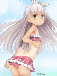 Rule 34 | 1girl, akino shuu, bikini, commentary request, cowboy shot, green eyes, kantai collection, long hair, looking at viewer, looking to the side, maestrale (kancolle), parted lips, partially submerged, pink bikini, polka dot, polka dot bikini, silver hair, solo, swimsuit, tan, tanline, twitter username, wading, water