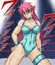 Rule 34 | 1girl, breasts, cleavage, large breasts, leotard, long hair, mighty yukiko, muscular, pink hair, purple eyes, smile, solo, taroimo (00120014), wrestle angels, wrestle angels survivor, wrestler, wrestling outfit, wrestling ring, wristband