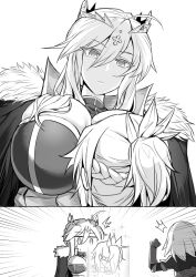 Rule 34 | 3girls, ahoge, artoria pendragon (fate), artoria pendragon (lancer) (fate), between breasts, braid, breasts, cape, cleavage, clenched hand, cross, crown, expressionless, fate/grand order, fate (series), fur trim, glowing, greyscale, hair between eyes, head between breasts, headpiece, height difference, highres, jeanne d&#039;arc (fate), jeanne d&#039;arc (ruler) (fate), jeanne d&#039;arc alter (avenger) (fate), jeanne d&#039;arc alter (fate), kengzeta, looking at another, monochrome, mordred (fate), mordred (fate/apocrypha), mother and daughter, multiple girls, ponytail, sparkle, sweatdrop