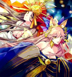Rule 34 | 2girls, animal ear fluff, animal ears, artist request, bead necklace, beads, bell, blue kimono, blue ribbon, body markings, breasts, brown hair, cleavage, closed eyes, collarbone, facial mark, fate/extella, fate/extra, fate/grand order, fate (series), forehead, forehead mark, fox ears, fox girl, fox tail, hair between eyes, hair ribbon, highres, himiko (fate), himiko (third ascension) (fate), japanese clothes, jewelry, kimono, large breasts, long hair, long hair between eyes, magatama, magatama necklace, multiple girls, necklace, no bra, off shoulder, official alternate costume, open mouth, pink hair, ribbon, sash, tail, tamamo (fate), tamamo no mae (fate/extra), tamamo no mae (third ascension) (fate), topknot, very long hair, yellow eyes