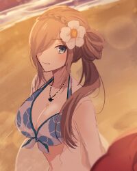 Rule 34 | 1boy, 1girl, aomattya, beach, bikini, blue bikini, blue eyes, braid, breasts, brown hair, cleavage, closed mouth, commentary request, crown braid, floral print, flower, from above, front-tie bikini top, front-tie top, hair flower, hair ornament, hair over one eye, highres, jewelry, large breasts, light purple hair, long hair, looking at another, low ponytail, luke fon fabre, midriff, necklace, ocean, one eye covered, open clothes, open shirt, out of frame, outdoors, print bikini, red hair, sand, see-through, see-through shirt, smile, summer, swept bangs, swimsuit, tales of (series), tales of the abyss, tear grants, upper body