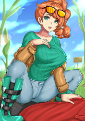 Rule 34 | 1boy, 1girl, :d, aqua eyes, artist name, boots, breasts, creatures (company), eyewear on head, game freak, girl on top, hand on own chest, jacket, large breasts, long hair, looking at viewer, lying, nintendo, open clothes, open mouth, orange hair, outdoors, pants, pokemon, pokemon swsh, redjet, smile, sonia (pokemon), spread legs, squatting, sunglasses, sunglasses on head, victor (pokemon)