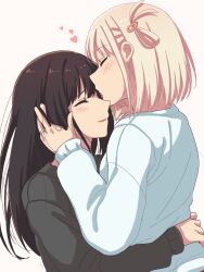 Rule 34 | 2girls, artist name, black sweater, blonde hair, blue sweater, blush, closed eyes, commentary, couple, hair ornament, hairclip, hand in another&#039;s hair, heart, highres, hug, inoue takina, jewelry, kiss, kissing forehead, long hair, long sleeves, lycoris recoil, multiple girls, nishikigi chisato, one side up, parted lips, puffy sleeves, ring, sapphi (sky dreamsky), short hair, sidelocks, simple background, spoken heart, sweater, wedding ring, white background, wife and wife, yuri