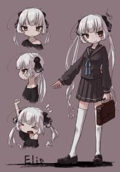Rule 34 | &gt;o&lt;, 1girl, black skirt, blush stickers, brown eyes, closed mouth, fang, full body, highres, leoleonardk10, long hair, long sleeves, looking at viewer, original, school uniform, skin fang, skirt, smile, thighhighs, twintails, white hair, white thighhighs