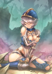 Rule 34 | 10s, 1girl, armor, armored boots, boots, breasts, closed mouth, farrah (granblue fantasy), flag, granblue fantasy, hair between eyes, helmet, looking at viewer, medium breasts, on ground, one eye closed, outdoors, purple eyes, ryouku, short hair, silver hair, sitting, solo, tears, torn clothes