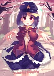 Rule 34 | 1girl, absurdres, black skirt, breasts, cabbie hat, cherry blossoms, commentary request, cowboy shot, fangs, foreshortening, gold trim, hat, hat ornament, high collar, highres, jiangshi, looking at viewer, medium breasts, medium hair, miyako yoshika, open mouth, outstretched arms, penglai tea, purple eyes, purple hair, red eyes, red shirt, shirt, skirt, solo, star (symbol), star hat ornament, touhou, zombie pose
