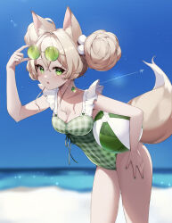 Rule 34 | 1girl, adjusting eyewear, aircraft, airplane, animal ears, ball, beach, beachball, blonde hair, blue sky, blush, breasts, casual one-piece swimsuit, collarbone, covered navel, day, double bun, earrings, frills, green-tinted eyewear, green eyes, green nails, hair bun, highres, holding, holding ball, holding beachball, jewelry, leaning forward, looking at viewer, ocean, one-piece swimsuit, original, outdoors, plaid, plaid swimsuit, pom pom (clothes), punipunimeron1, round eyewear, sky, small breasts, solo, sunglasses, swimsuit, tail, tinted eyewear