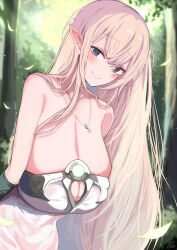 Rule 34 | 1girl, black gloves, blonde hair, blue eyes, blush, breasts, cleavage, closed mouth, collarbone, commentary request, dress, elbow gloves, elf, falling leaves, fantasy, forest, gloves, hair between eyes, highres, jewelry, large breasts, leaf, long hair, looking at viewer, nature, necklace, original, outdoors, pointy ears, smile, standing, tree, upper body, very long hair, white dress, yuzuki himuka