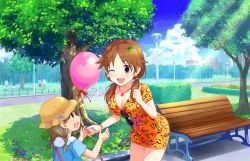 Rule 34 | 10s, 2girls, :d, ;d, animal print, artist request, balloon, bracelet, breasts, brown eyes, brown hair, child, cleavage, dress, earrings, hat, idolmaster, idolmaster cinderella girls, idolmaster cinderella girls starlight stage, jewelry, katagiri sanae, kindergarten uniform, large breasts, leopard print, low twintails, multiple girls, necklace, official art, one eye closed, open mouth, print dress, ribbon-trimmed headwear, ribbon trim, school hat, smile, straw hat, twintails