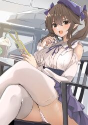 Rule 34 | 1girl, :d, alternate costume, beret, brown eyes, brown hair, cellphone, chair, clothing cutout, commentary request, crossed legs, cup, drinking straw, hat, highres, holding, holding phone, kamukamu (ars), looking at viewer, medium hair, open mouth, panties, phone, pointy ears, purple hat, purple skirt, shoulder cutout, sitting, skirt, smile, solo, thighhighs, touhou, underwear, white panties, white thighhighs