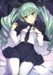 Rule 34 | 10s, 1girl, anchovy (girls und panzer), aqua hair, bad id, bad pixiv id, belt, black ribbon, brown eyes, cape, girls und panzer, hair ribbon, long hair, looking at viewer, lying, minono aki, necktie, on back, pantyhose, parted lips, ribbon, skirt, solo, twintails, white pantyhose