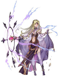 Rule 34 | alternate costume, bare shoulders, blonde hair, cape, gem, gold trim, green eyes, jewelry, long hair, magic, mystina (valkyrie profile), official art, simple background, solo, staff, thighhighs, third-party source, valkyrie anatomia, valkyrie profile (series), white background, white thighhighs