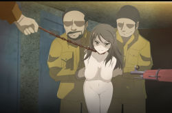 Rule 34 | 1girl, 3boys, blush, bolt-action rifle, breasts, brown eyes, brown hair, closed mouth, collar, defeat, girls und panzer, gun, imminent rape, indoors, kar98k, large breasts, leash, long hair, mika (girls und panzer), multiple boys, navel, nipples, nude, restrained, rifle, ryona, shisuirena, sweat, weapon