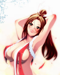 Rule 34 | 1girl, armpits, arms behind head, arms up, blush, breasts, brown eyes, brown hair, cleavage, covered erect nipples, dem (tamamoyaryu), fatal fury, high ponytail, japanese clothes, large breasts, lips, long hair, ponytail, rope, shimenawa, shiranui mai, sideboob, smile, solo, the king of fighters, torn clothes