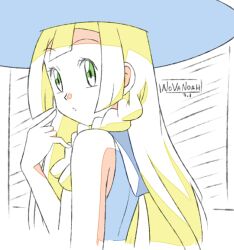 Rule 34 | 1girl, artist name, bare arms, blonde hair, braid, creatures (company), eyelashes, from side, game freak, green eyes, hand up, hat, lillie (pokemon), long hair, looking to the side, mixed-language commentary, nintendo, noelia ponce, parted lips, pokemon, pokemon (anime), pokemon sm (anime), signature, sleeveless, solo, twin braids, upper body