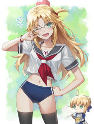 Rule 34 | 2girls, alternate costume, artoria pendragon (all), artoria pendragon (fate), blonde hair, blue buruma, blush, breasts, buruma, commentary request, fang, fate/apocrypha, fate/stay night, fate (series), glasses, green eyes, head bump, highres, injury, long hair, looking at viewer, mordred (fate), mordred (fate/apocrypha), multiple girls, navel, neckerchief, one eye closed, open mouth, parted bangs, saber (fate), sailor collar, school uniform, serafuku, shirt, sidelocks, small breasts, smile, spit take, spitting, thighs, tonee, translated, white shirt