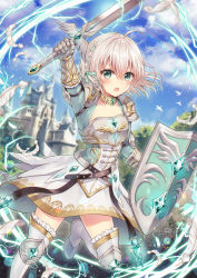 Rule 34 | 1girl, ahoge, arm up, armored boots, blurry, blurry background, blush, boots, braid, breasts, castle, cola, commentary request, day, depth of field, fantasy, feathers, gauntlets, green eyes, green jacket, hair between eyes, highres, holding, holding sword, holding weapon, jacket, knee pads, long sleeves, looking at viewer, open mouth, original, outdoors, sato ame, shield, skirt, small breasts, solo, standing, standing on one leg, sword, thigh boots, thighhighs, weapon, white feathers, white footwear, white hair, white skirt, white thighhighs