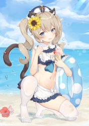 Rule 34 | 1girl, absurdres, adapted costume, animal ears, apron, barbara (genshin impact), bare arms, bare shoulders, beach, bikini, blue eyes, blue skirt, breasts, brown hair, cat ears, cat girl, cat tail, cloud, cloudy sky, curly hair, day, detached collar, fang, feet, flower, food, frills, genshin impact, hat, highres, ice cream, innertube, kemonomimi mode, kuroida, long hair, looking at viewer, midriff, miniskirt, navel, ocean, on one knee, open mouth, outdoors, pleated skirt, red flower, skirt, sky, small breasts, solo, stomach, sunlight, swim ring, swimsuit, tail, thighhighs, thighs, twintails, waist apron, wet, white hat, white thighhighs, zettai ryouiki