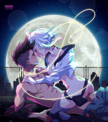 Rule 34 | 1boy, 1girl, artist name, ass, blonde hair, breasts, cityscape, clothes pull, cropped jacket, cyberpunk (series), cyberpunk edgerunners, david martinez, fence, green hair, grey thighhighs, hands on another&#039;s shoulders, highres, imminent kiss, jacket, kishishiotani, light purple hair, lucy (cyberpunk), medium breasts, monowire, moon, naked jacket, night, night sky, nipples, pants, pants pull, pink hair, pouch, sitting, sitting on person, sky, star (sky), thighhighs, white jacket