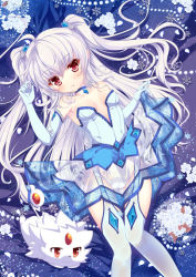 Rule 34 | 1girl, albino, bare shoulders, blue thighhighs, choker, creature, diamond (shape), dress, elbow gloves, frost auslese, gem, gloves, hinata momo, long hair, lying, magical halloween, panties, pointy ears, red eyes, see-through, see-through skirt, skirt, smile, snowflakes, solo, strapless, strapless dress, thigh strap, thighhighs, two side up, underwear, white hair, white panties