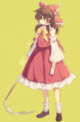 Rule 34 | 1girl, between fingers, bow, brown footwear, brown hair, commentary, detached sleeves, frilled skirt, frills, full body, gohei, hair bow, hair tubes, hakurei reimu, holding, loafers, long hair, long sleeves, loose socks, nontraditional miko, ofuda, red bow, red eyes, red shirt, red skirt, ribbon-trimmed sleeves, ribbon trim, shirt, shoes, skirt, smile, socks, solo, sparkle, tomobe kinuko, touhou, white legwear, wide sleeves, yellow background, yellow neckwear