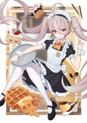 Rule 34 | 1girl, ahoge, alternate costume, alternate hairstyle, apron, black dress, black footwear, blush, cake, child (isoliya), chocolate, closed mouth, dessert, dress, enmaided, eyelashes, food, food on face, fruit, girls&#039; frontline, grey hair, hair between eyes, hair ribbon, highres, holding, holding tray, long hair, maid, maid apron, maid headdress, name tag, official art, pantyhose, pie, pkp (girls&#039; frontline), plate, pocky, pudding, ribbon, short eyebrows, short sleeves, solo, sweat, thick eyebrows, tray, twintails, very long hair, waffle, white apron, white pantyhose, wrist cuffs, yellow eyes, yellow neckwear
