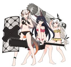 Rule 34 | 3girls, :|, animal ears, anklet, arknights, artist request, bikini, black bikini, black bikini bottom, black hair, blaze (arknights), blue eyes, cannon, cat ears, chainsaw, closed mouth, collarbone, derivative work, dragon horns, frilled bikini, frilled bikini top, frills, full body, hairband, holding, holding shield, horns, infection monitor (arknights), jewelry, long hair, low-tied long hair, multiple girls, navel, red bikini, red eyes, red hairband, saria (arknights), shield, simple background, smile, swimsuit, third-party source, v-shaped eyebrows, weedy (arknights), white background, white hair, yellow bikini