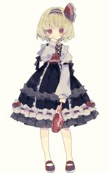 1girl adapted_costume ascot black_dress blonde_hair blush commentary dress food frilled_dress frills full_body hair_ribbon hairband hand_up highres holding holding_food long_sleeves looking_at_viewer meat nikorashi-ka red_ascot red_eyes red_footwear red_hairband red_ribbon ribbon rumia shirt shoes short_hair simple_background solo touhou white_shirt yellow_background