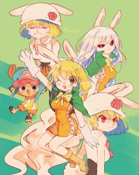 Rule 34 | 1boy, 1girl, alternate form, antlers, arm up, arms up, blonde hair, blush, boots, bow, bowtie, brown eyes, cape, carrot (one piece), commentary, cross, cross-laced clothes, cross-laced dress, crying, dress, full body, green background, green cape, hat, highres, horns, long hair, looking at viewer, looking to the side, multiple views, one eye closed, one piece, orange dress, orange shorts, pink bow, pink bowtie, pink hat, rabbit girl, rabbit tail, red eyes, reindeer antlers, shirt, short hair, shorts, sleeveless, smile, striped clothes, striped shirt, tail, tears, tokuura, tony tony chopper, twitter username, two-tone shirt, vertical-striped clothes, vertical-striped shirt, white hair, white hat, white shirt, yellow shirt