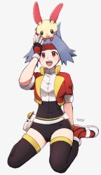 Rule 34 | 1girl, :d, arm up, bad id, bad twitter id, black thighhighs, blue hair, commentary, covered navel, creatures (company), cropped jacket, eyelashes, fingerless gloves, game freak, gen 3 pokemon, gloves, happy, headband, iruzu (pixiv27236115), nintendo, on head, open mouth, plusle, pokemon, pokemon (creature), pokemon on head, pokemon ranger, red eyes, red headband, shoes, short sleeves, smile, sneakers, solana (pokemon), teeth, thighhighs, tongue