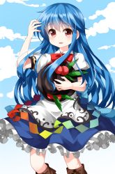 Rule 34 | 1girl, blue hair, blue sky, boots, bow, cloud, cowboy shot, cross-laced footwear, day, dress, food, frilled skirt, frills, fruit, hair between eyes, hand in own hair, hat, hat on chest, unworn hat, unworn headwear, highres, hinanawi tenshi, holding, holding clothes, holding hat, knee boots, layered dress, leaf, long hair, looking at viewer, outdoors, parted lips, peach, puffy short sleeves, puffy sleeves, red bow, red eyes, ruu (tksymkw), short sleeves, skirt, sky, solo, standing, touhou, very long hair