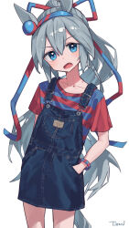 Rule 34 | 1girl, absurdres, alternate costume, alternate hairstyle, animal ears, blue eyes, cowboy shot, fang, grey hair, hair between eyes, hairband, hands in pockets, highres, horse ears, horse girl, horse tail, long hair, looking at viewer, open mouth, overall skirt, ponytail, shirane rine, shirt, short sleeves, signature, simple background, solo, tail, tamamo cross (umamusume), umamusume, white background, wristband
