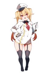Rule 34 | 1girl, absurdres, bad id, bad twitter id, black collar, blonde hair, chestnut mouth, clipboard, collar, fang, flat chest, garter straps, gloves, hand on own hip, hat, highres, kz oji, long sleeves, necktie, original, red eyes, red necktie, solo, thick eyebrows, thick thighs, thighs, uniform, white gloves, white hat