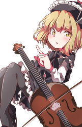 Rule 34 | 1girl, black footwear, black hat, black legwear, blonde hair, bow (music), frilled hat, frills, from side, gokuu (acoloredpencil), hat, highres, instrument, long sleeves, looking at viewer, lunasa prismriver, one-hour drawing challenge, open mouth, short hair, simple background, solo, touhou, violin, white background, yellow eyes