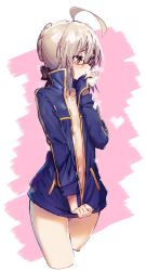 Rule 34 | 1girl, ahoge, akieda, artoria pendragon (fate), braid, breath, coat, cowboy shot, cropped legs, facing away, fate/grand order, fate (series), flat chest, glasses, heart, highres, jacket tug, light brown hair, long sleeves, mysterious heroine x alter (fate), naked coat, orange eyes, partially unzipped, short hair, simple background, smelling, solo
