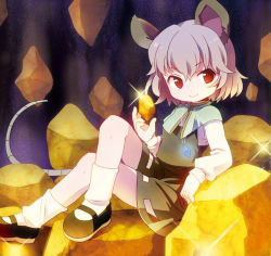 Rule 34 | 1girl, animal ears, chaba (hortensia), cheese, female focus, food, gold, grey hair, jewelry, mouse ears, nazrin, red eyes, shoes, short hair, sitting, socks, solo, touhou
