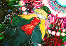 Rule 34 | 1girl, abstract, abstract background, black hat, blonde hair, china dress, chinese clothes, colorful, dress, dutch angle, hat, hito (nito563), junko (touhou), long hair, long sleeves, looking at viewer, no nose, pale skin, red eyes, solo, tabard, touhou, wide sleeves