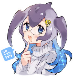 Rule 34 | 1girl, anchor hair ornament, blowhole, blue eyes, blue hair, blue whale (kemono friends), blush, character name, commentary request, dorsal fin, finger to own chin, glasses, grey hair, hair ornament, kemono friends, long hair, long sleeves, multicolored hair, portrait, solo, suicchonsuisui, sweater, translated, turtleneck, turtleneck sweater, white sweater